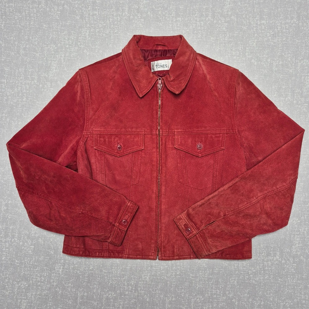 Skin Tones Red Genuine Suede Zip Up Trucker Jacket Womens 8-10 Vintage Style